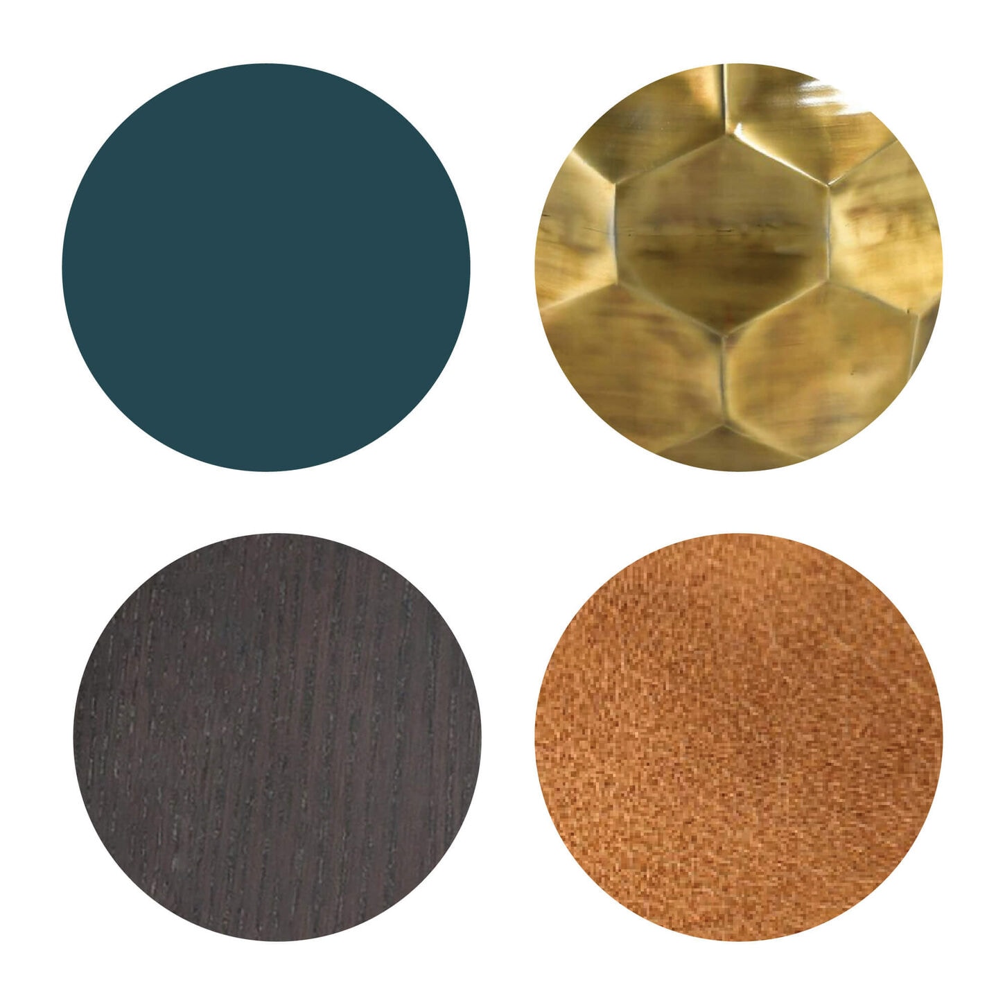 Dark Academia color swatches- teal, gold, wood, and orange