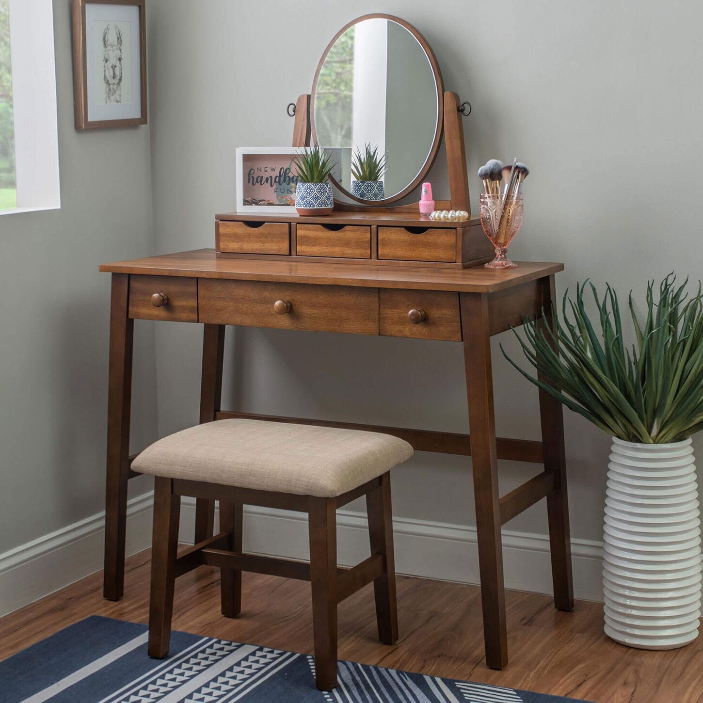 Linon Home Decor Lorna Vanity with Stool in Walnut