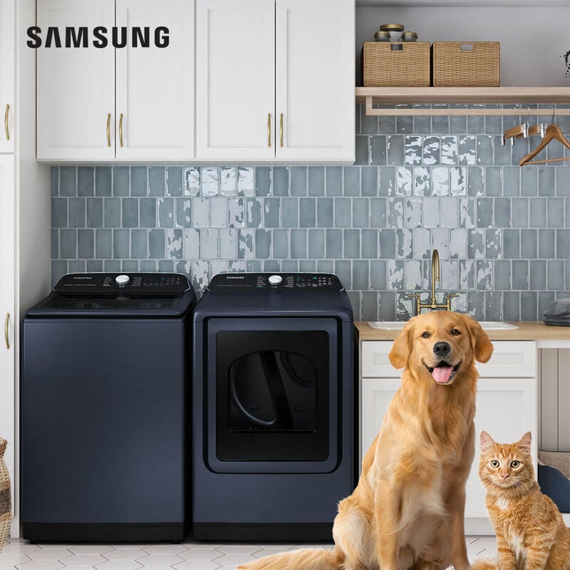 samsung laundry pair in a laundry room with a dog and a cat to the right