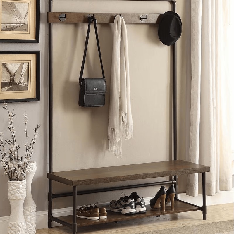 Timberlake Kyra 42in Coat Hook with Bench in Rustic Brown and Black