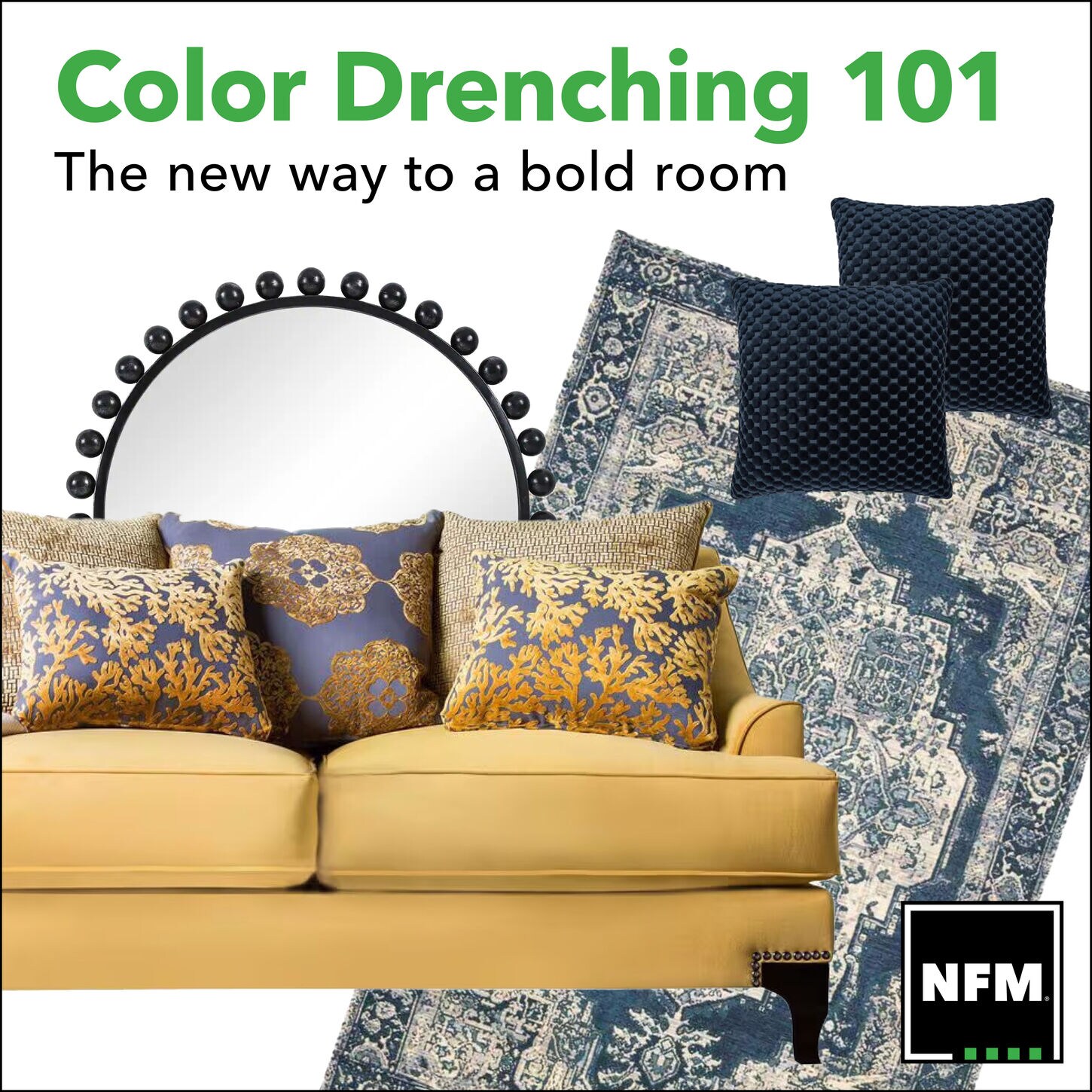 Color drench featuring a yellow couch and lots of blues and navy colors