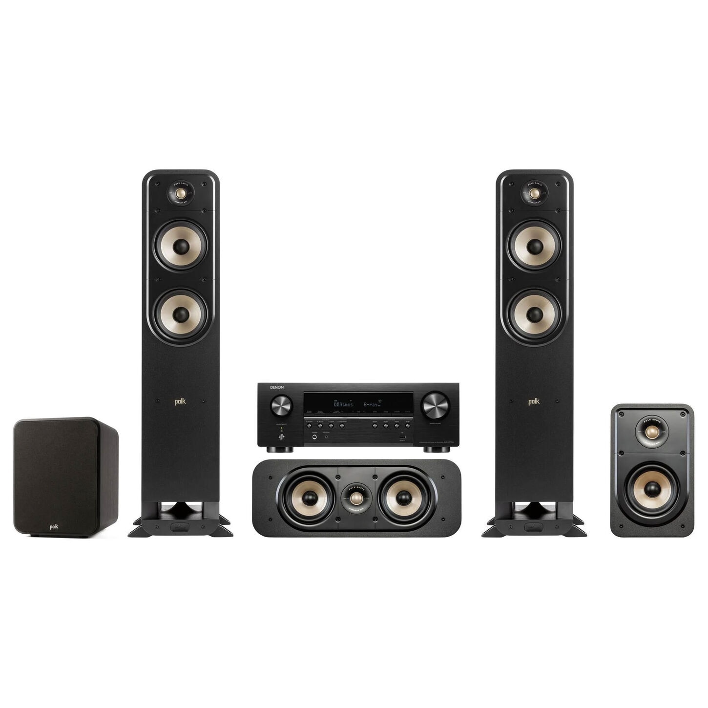 Polk 10" Subwoofer + 6.5 Floorstanding Tower Speaker + 5.25 Center Channel Speaker + 5.25 Bookshelf Speaker + Denon 7.2 Channel AV 8K Receiver Package with HEOS Built-in in Black
