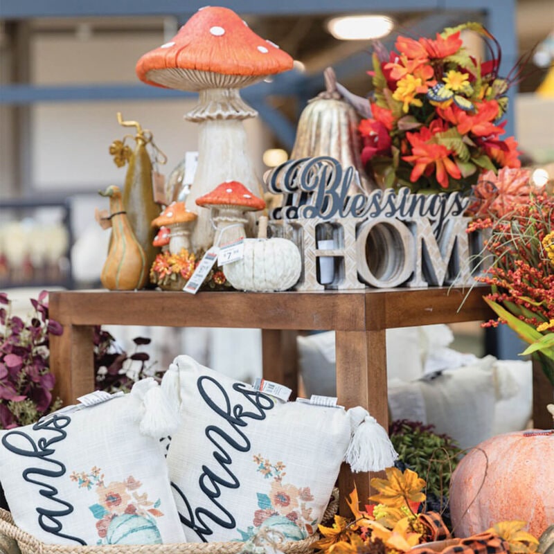 various decorative accessories including plants and signs