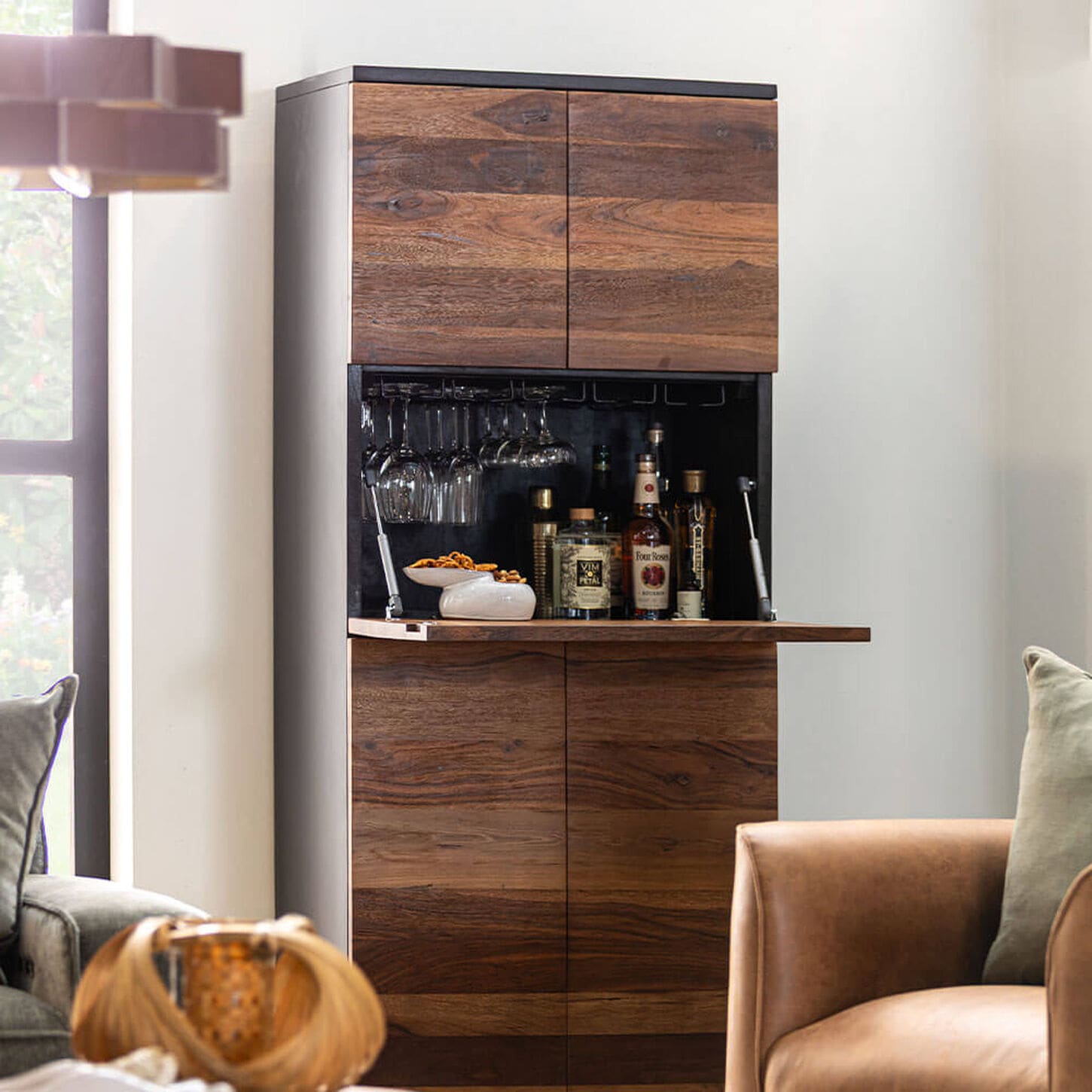 Home Trends & Design Santa Fe 7 inch Bar Cabinet in Natural and Matte Black