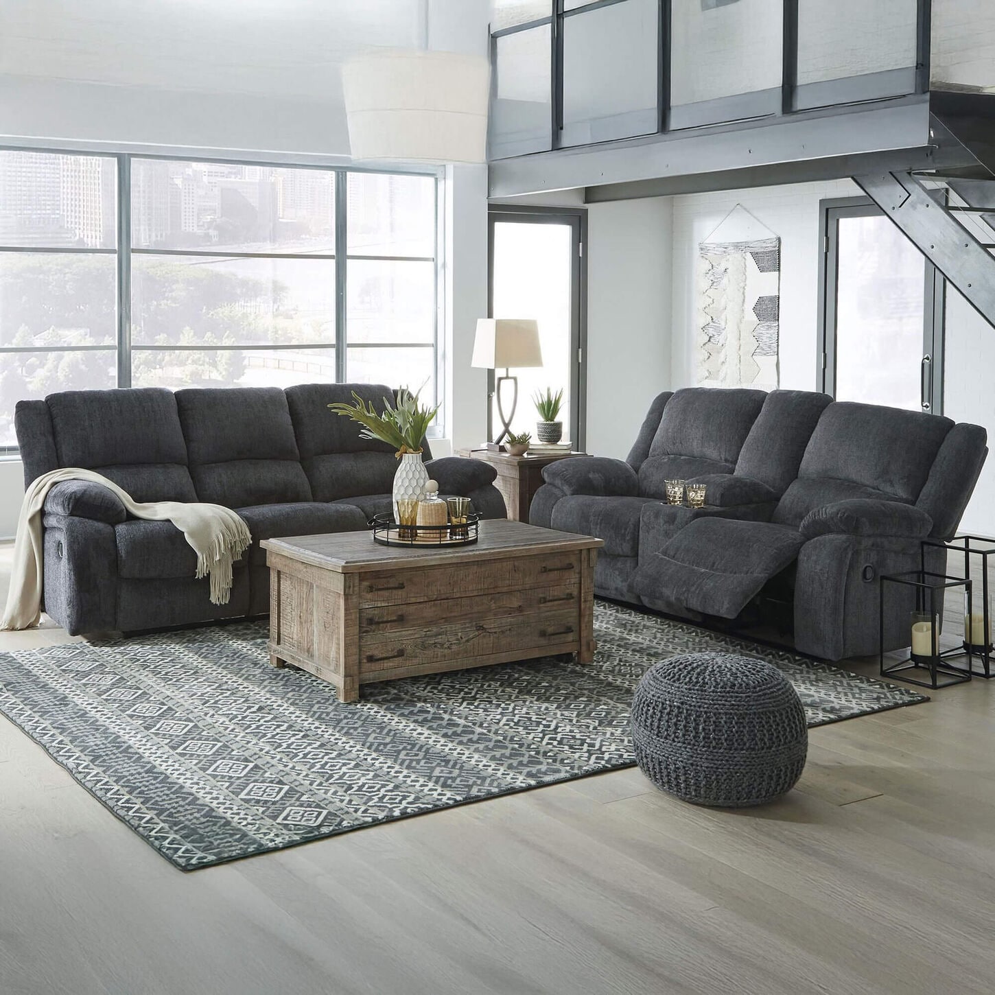 Ashley Draycoll Manual Reclining Sofa and Loveseat Set in Slate