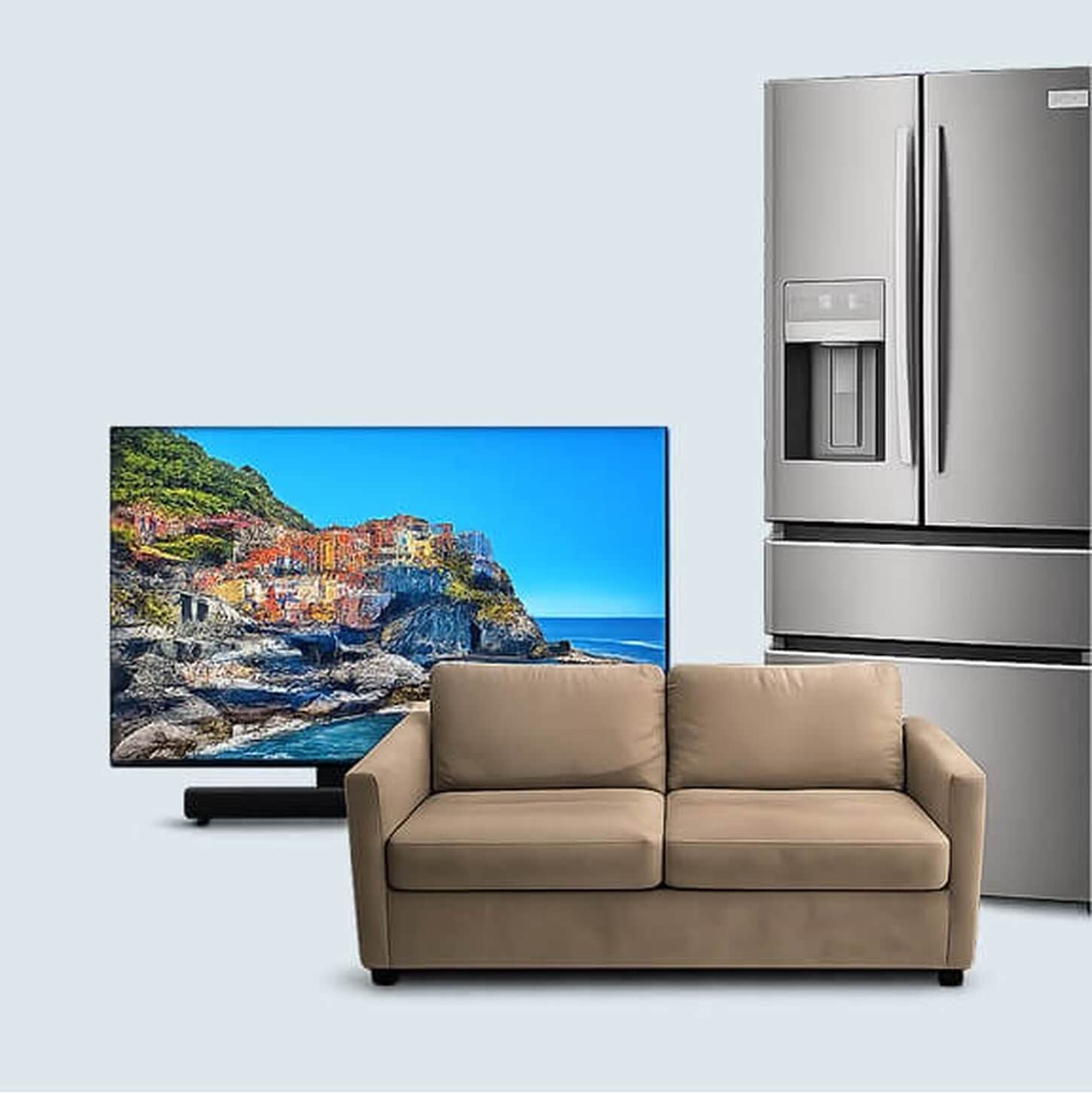 Collection of a television, a sofa, and a stainless steel french door refrigerator on a grey background