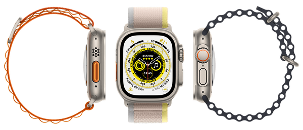 Three Apple Watch Ultra watches with orange, tan, and gray bands