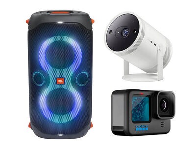 GoPro HERO11 Black Action Camera, Samsung The Freestyle FHD HDR Smart Portable Projector in White & JBL PartyBox 110 Bluetooth Speaker in Black
