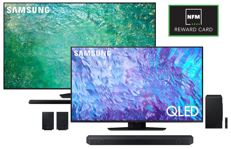 Samsung 85in Class QN85C 4K Neo QLED with HDR - Smart TV and 3.1.2 Channel Wireless Dolby Atmos Soundbar in Black and Samsung 75in Qled 4k Smart TV and Soundbar