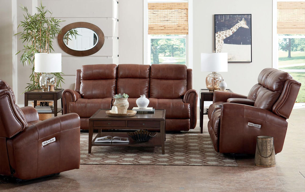 Bassett Marquee Leather Console Loveseat with Power Headrest in Umber