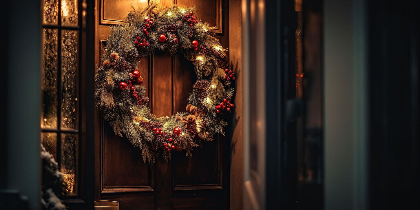 Christmas wreath hanging on a door outside with windows and lights