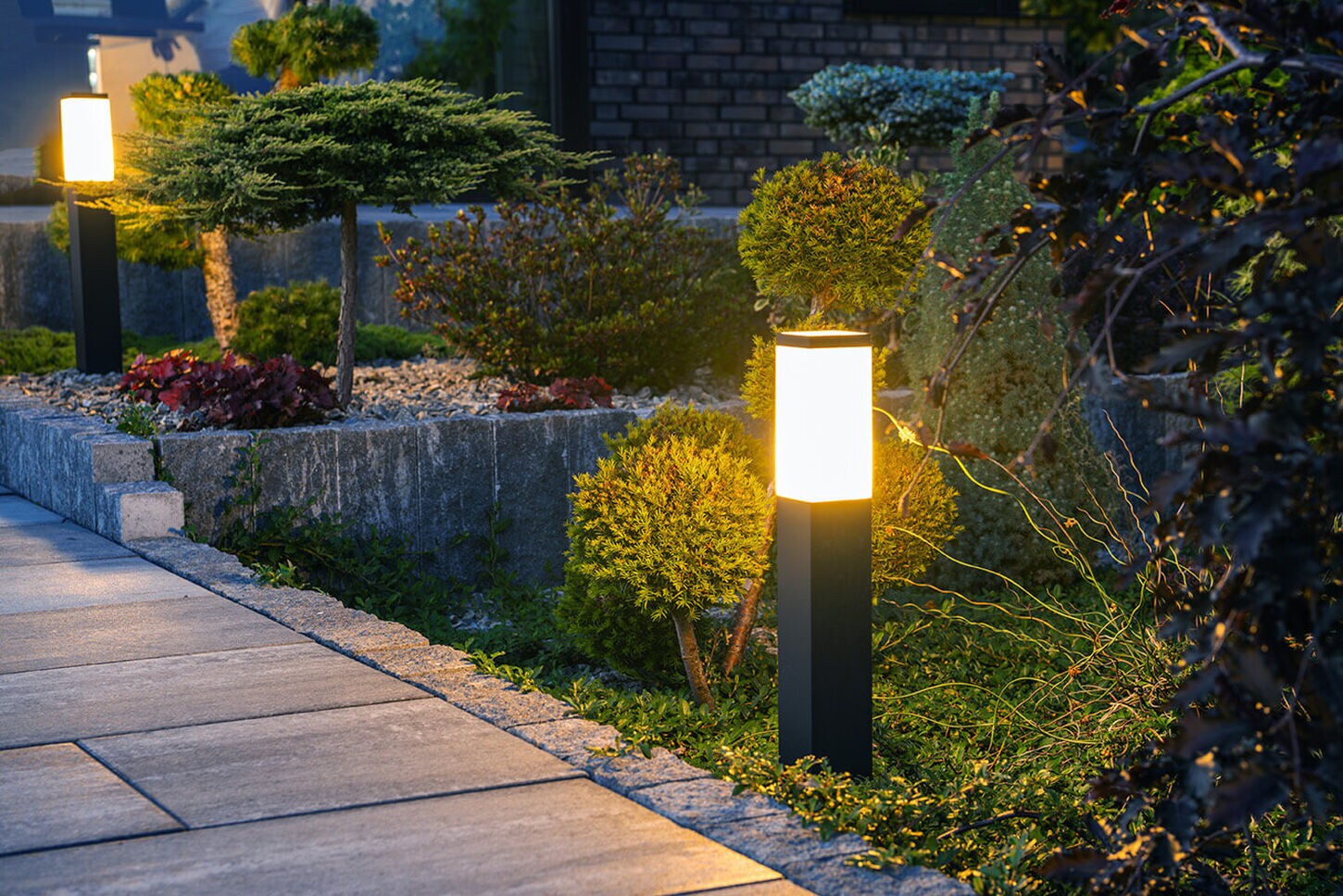 Walking path with outdoor lighting and landscaping