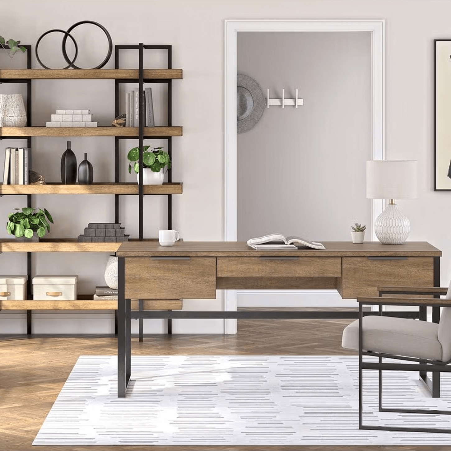 Ashley Montia 2-Piece Desk and Bookcase Set in Light Brown and Gunmetal Gray