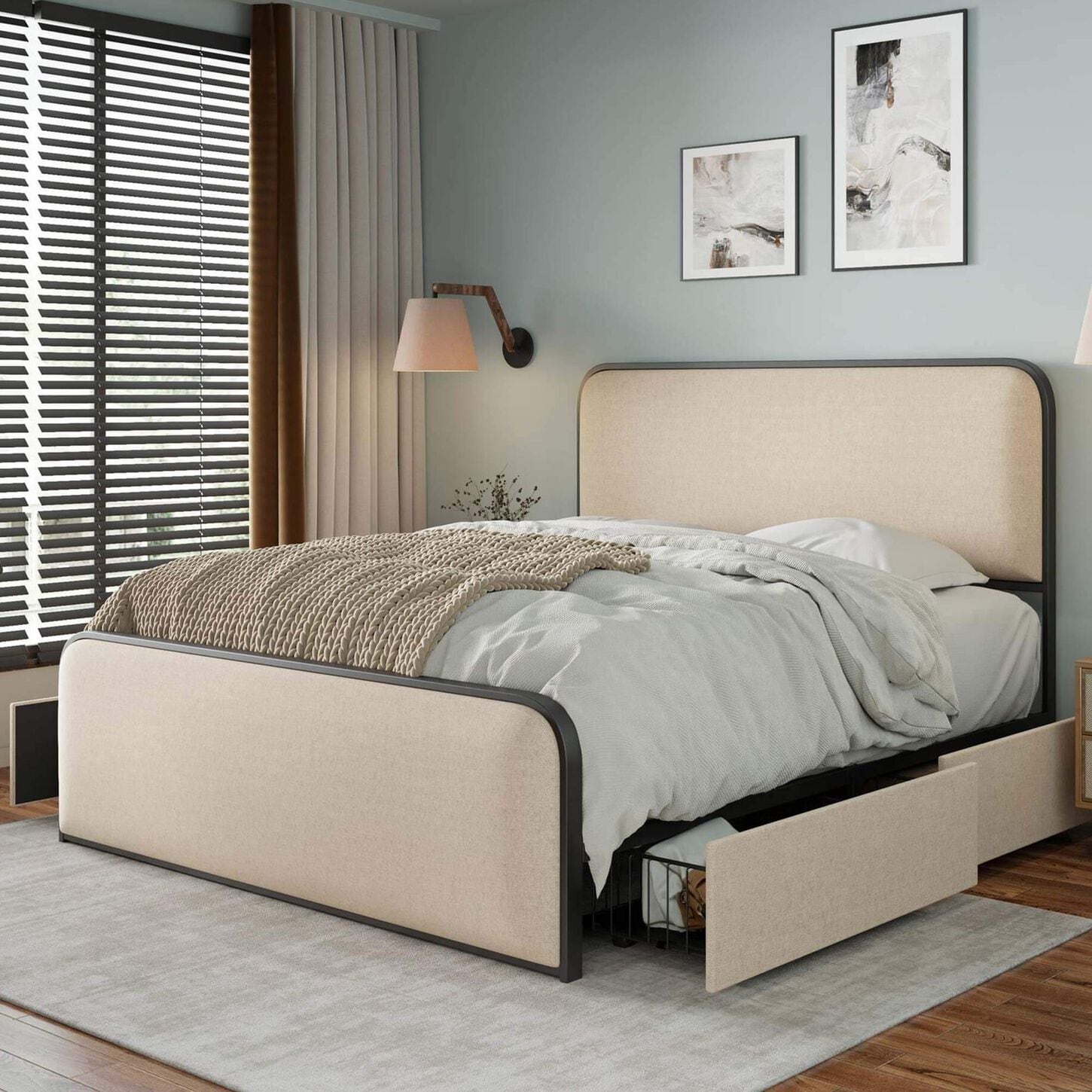 Hearth and Haven King Storage Bed Platform with Upholstered Headboard in Beige