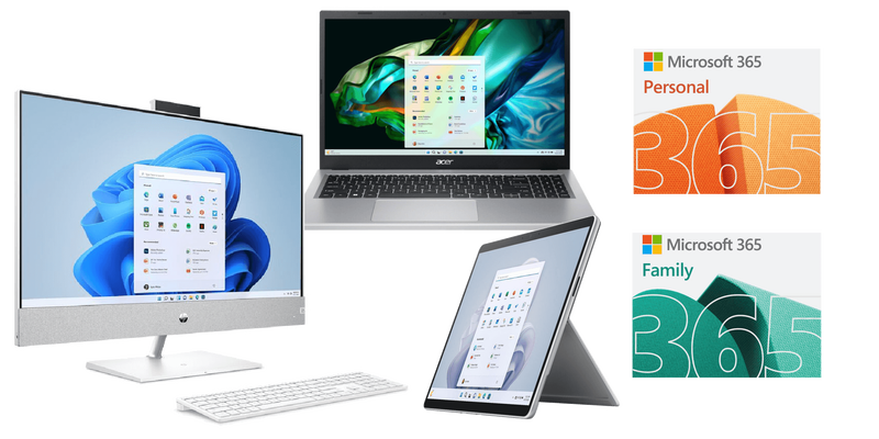 Collage of laptop, desktop, tablet, and smartwatch computer devices | Microsoft 365 Personal Software and Microsoft 365 Family Software