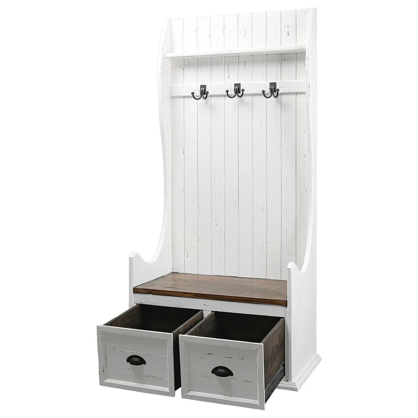 Rustic Root Dutch Hall Tree with Bench in Antique White and Tobacco