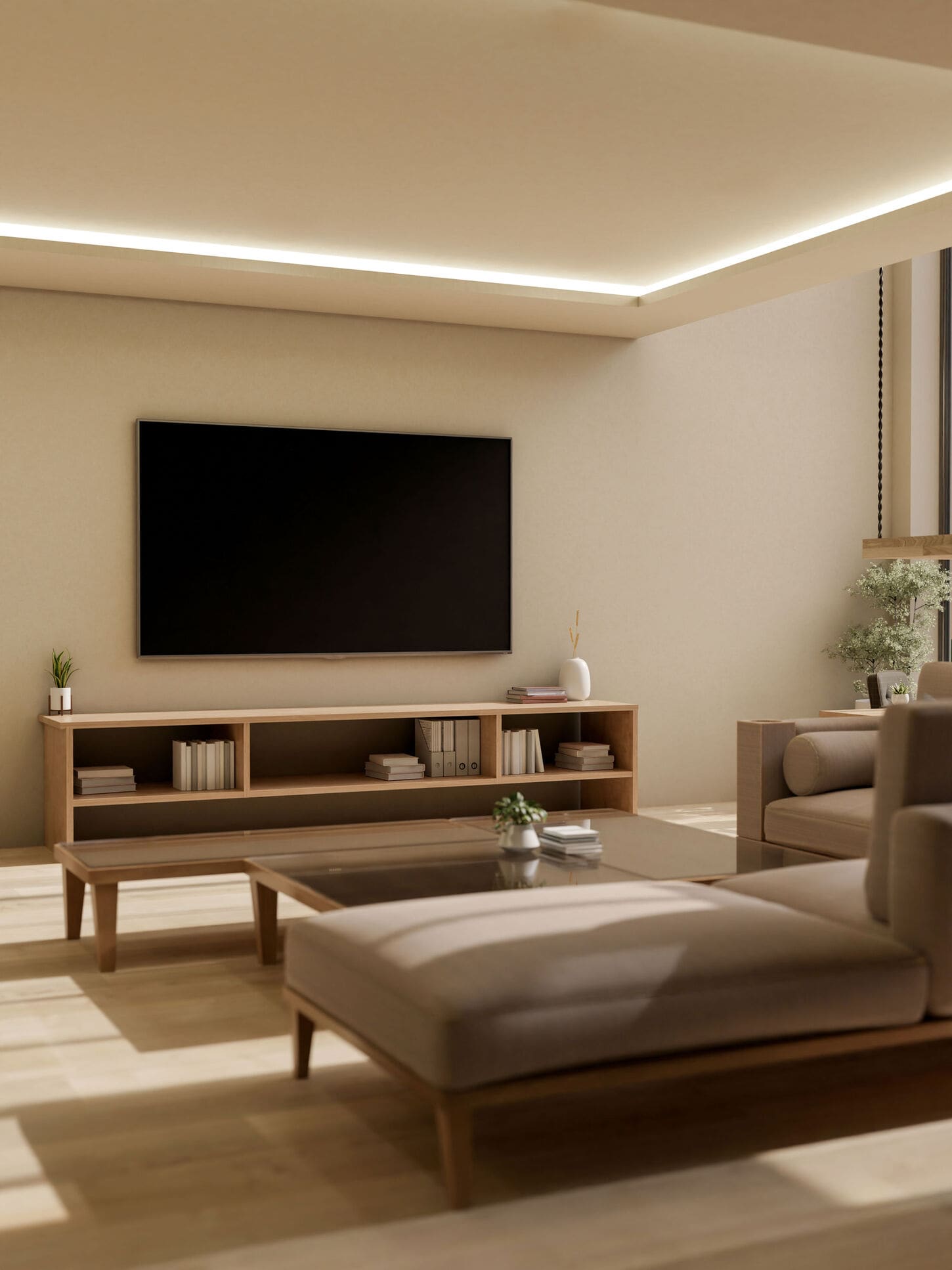 Warm modern living room with wall mounted tv