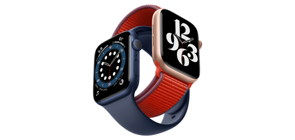One red Apple Watch and one blue Apple Watch looped together