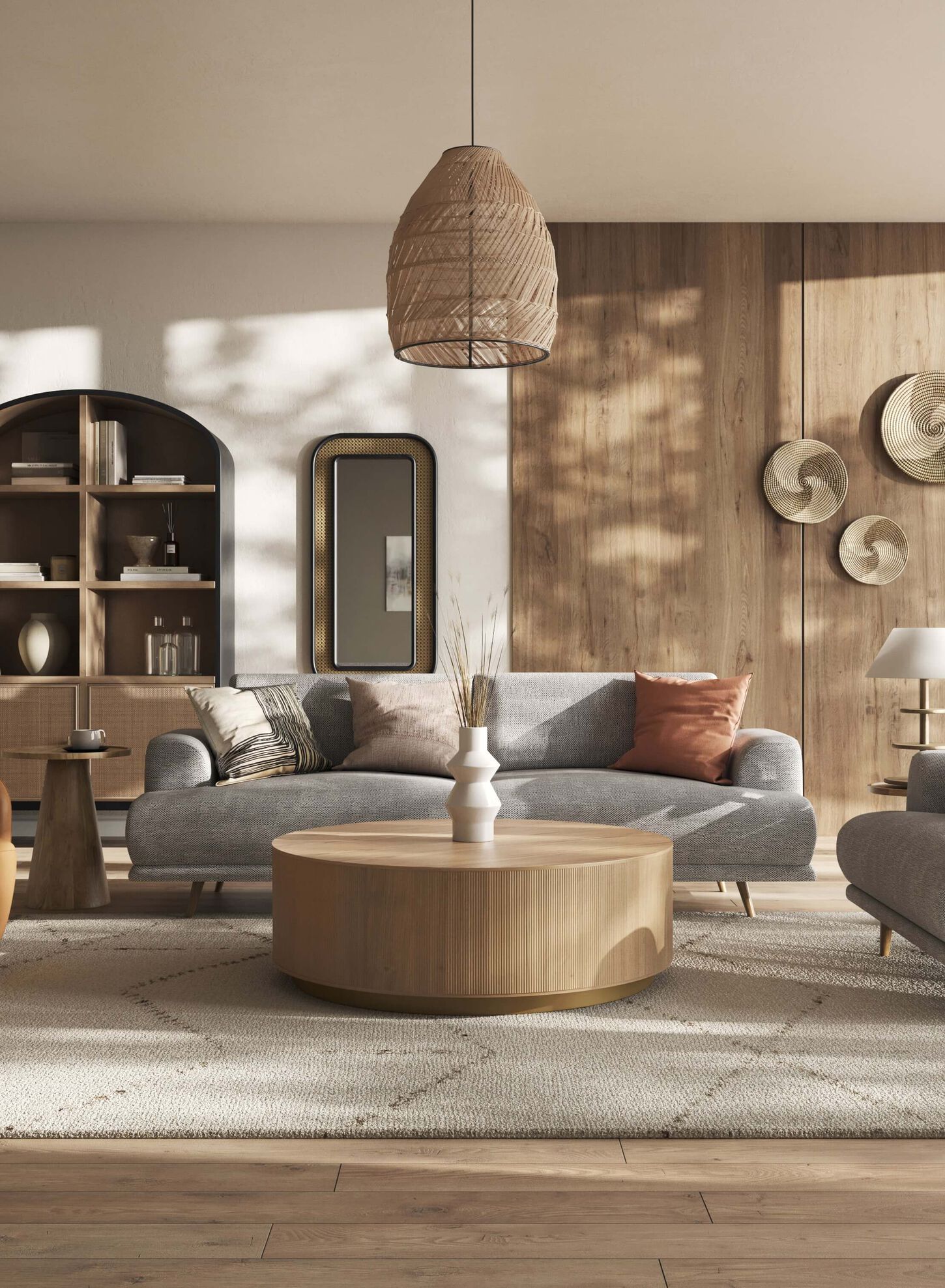 A living room with with neutral colored seating options and a blue accent chair.