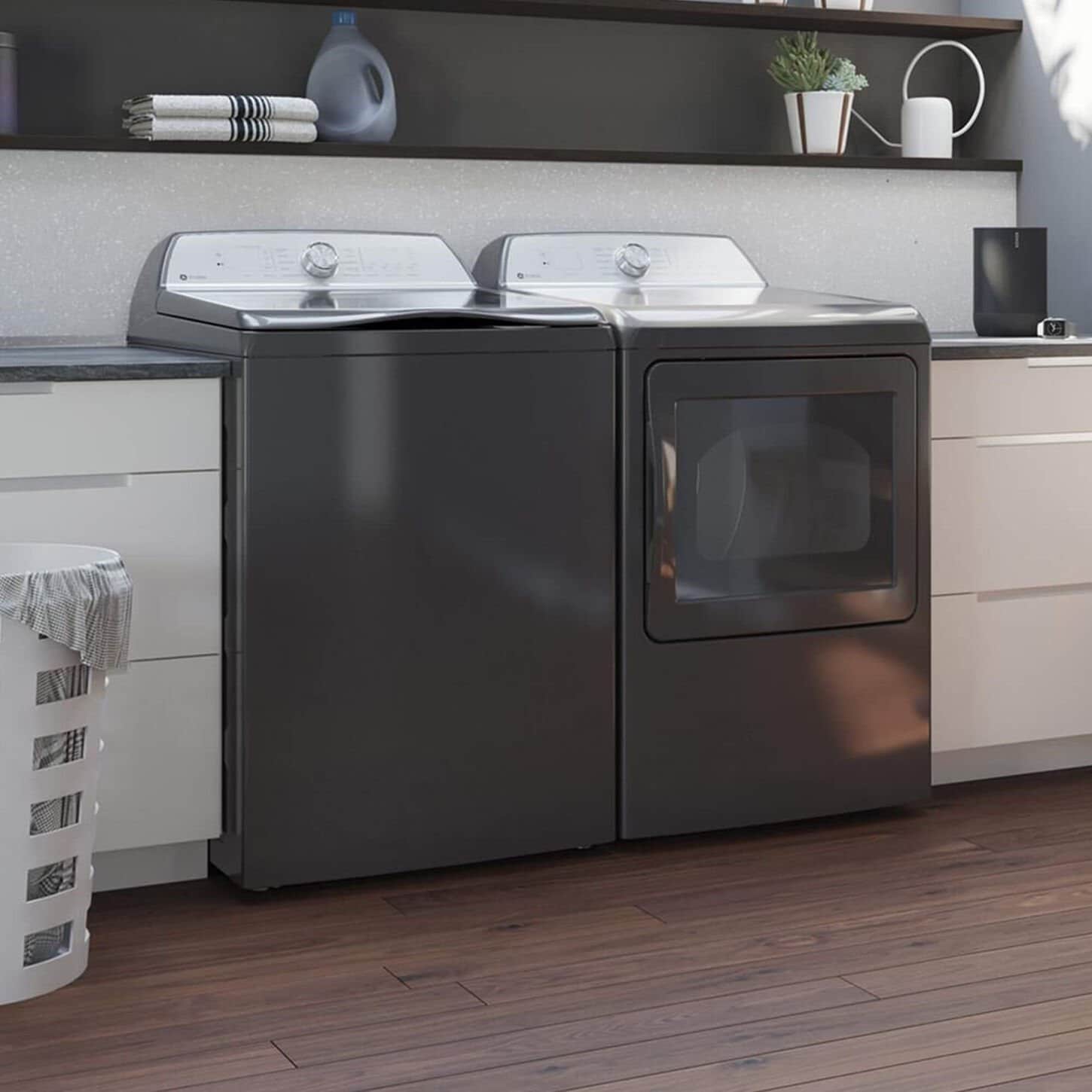 GE Profile 5 Cu. Ft. Top Load Impeller Washer and 7.4 Cu. Ft. Electric Dryer Laundry Pair in Diamond Gray