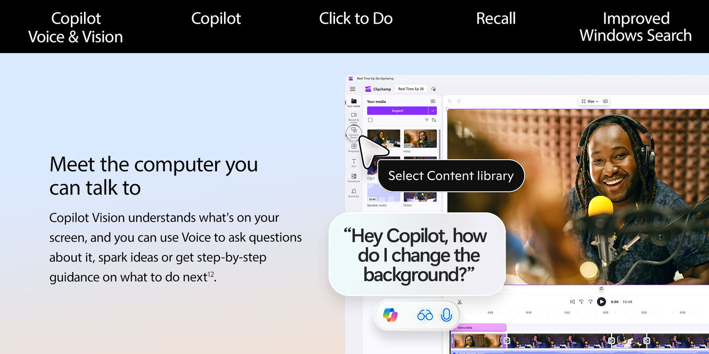 Copilot Voice & Vision. Laptop on blue background