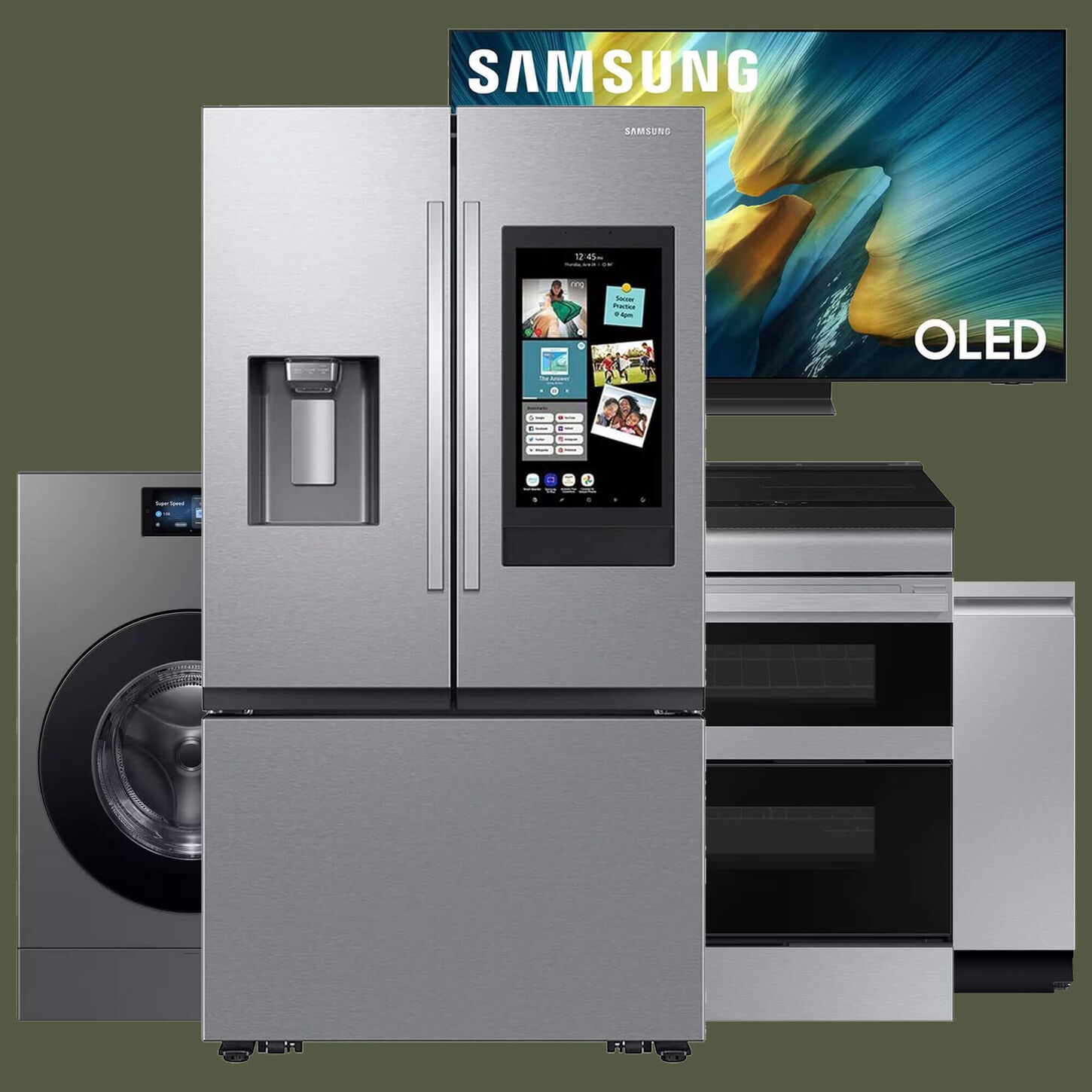 Samsung appliance and electronics products with green background