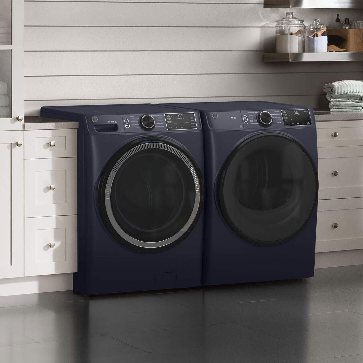 Blue laundry pair set in a mudroom