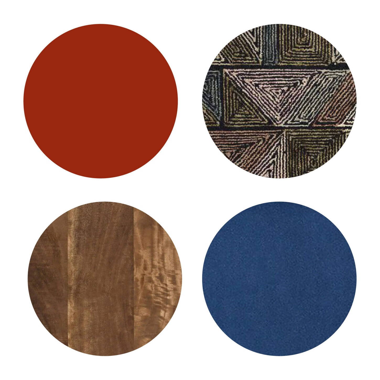New century modern swatches including, red, blue, wood, and a unique dark metallic pattern