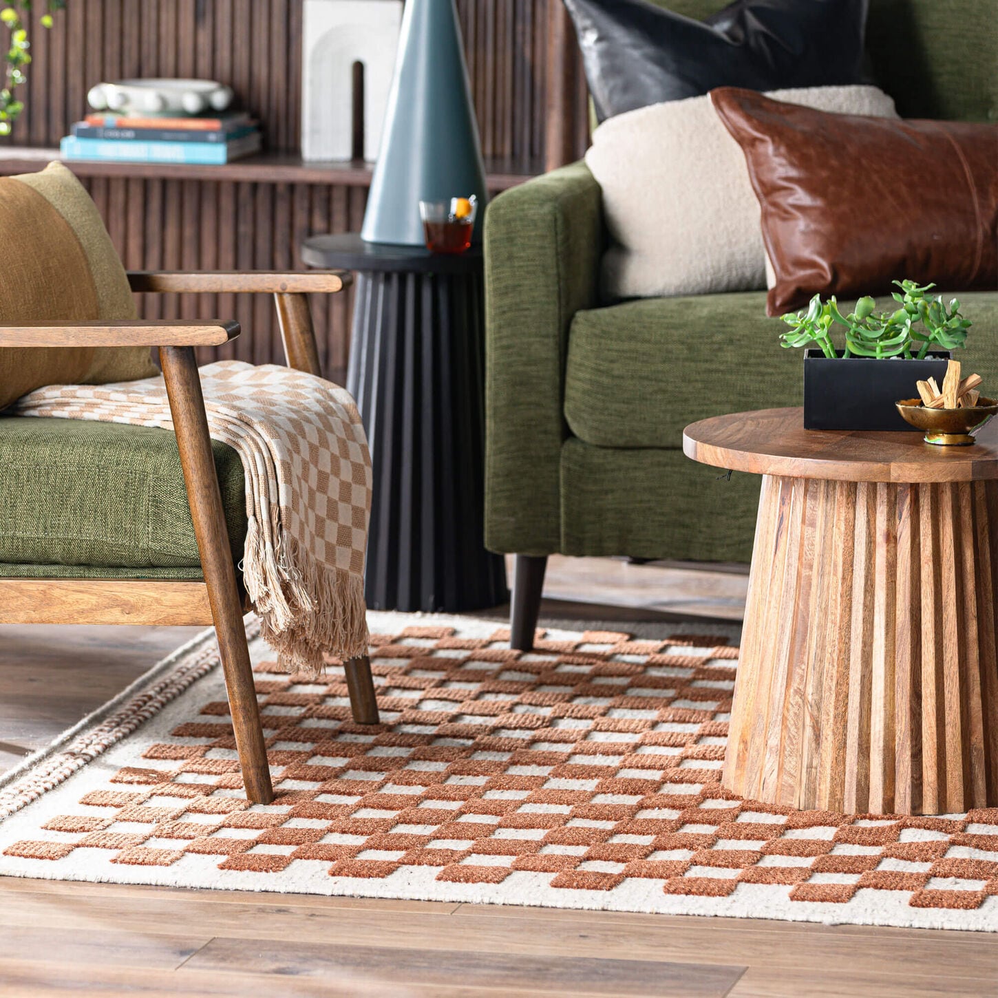 Checkered area rug in living room 