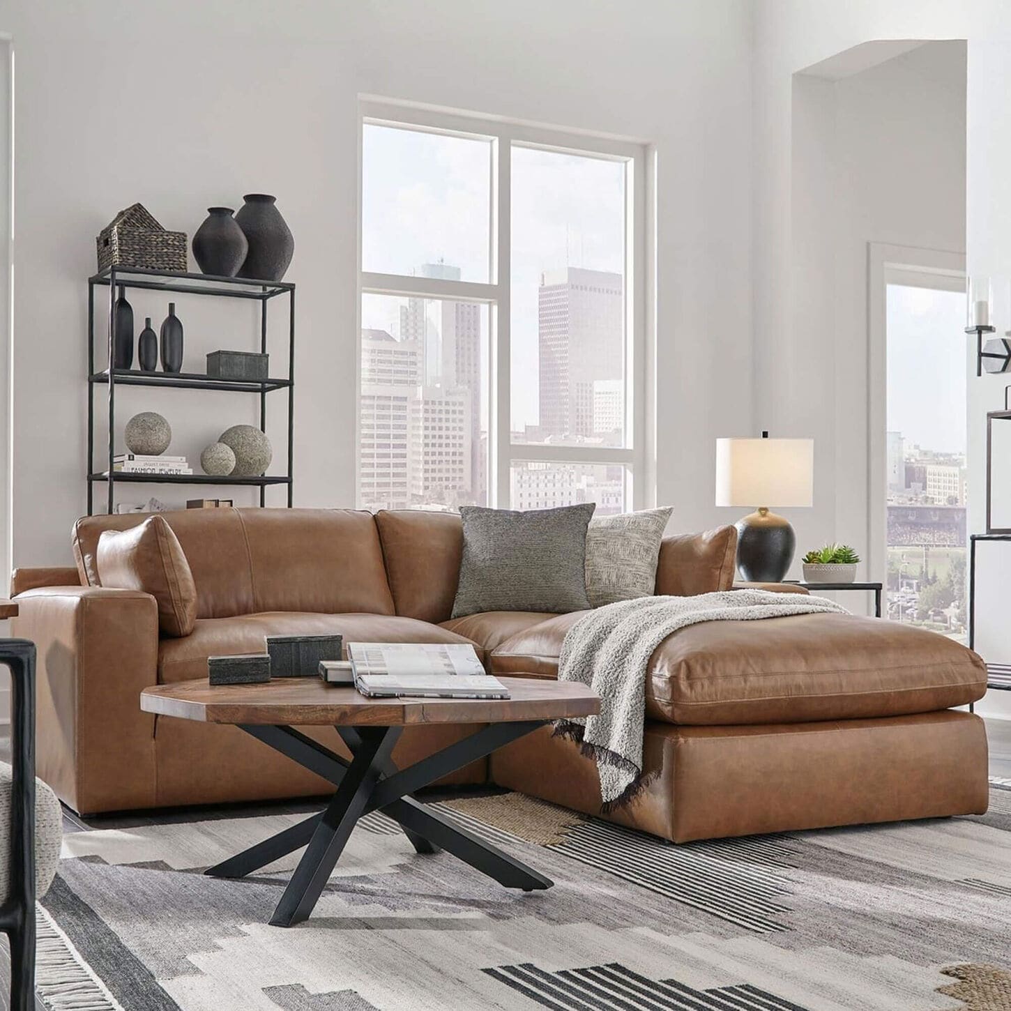 Ashley Emilia 3-Piece Stationary Reversible Sectional with Ottoman in Caramel