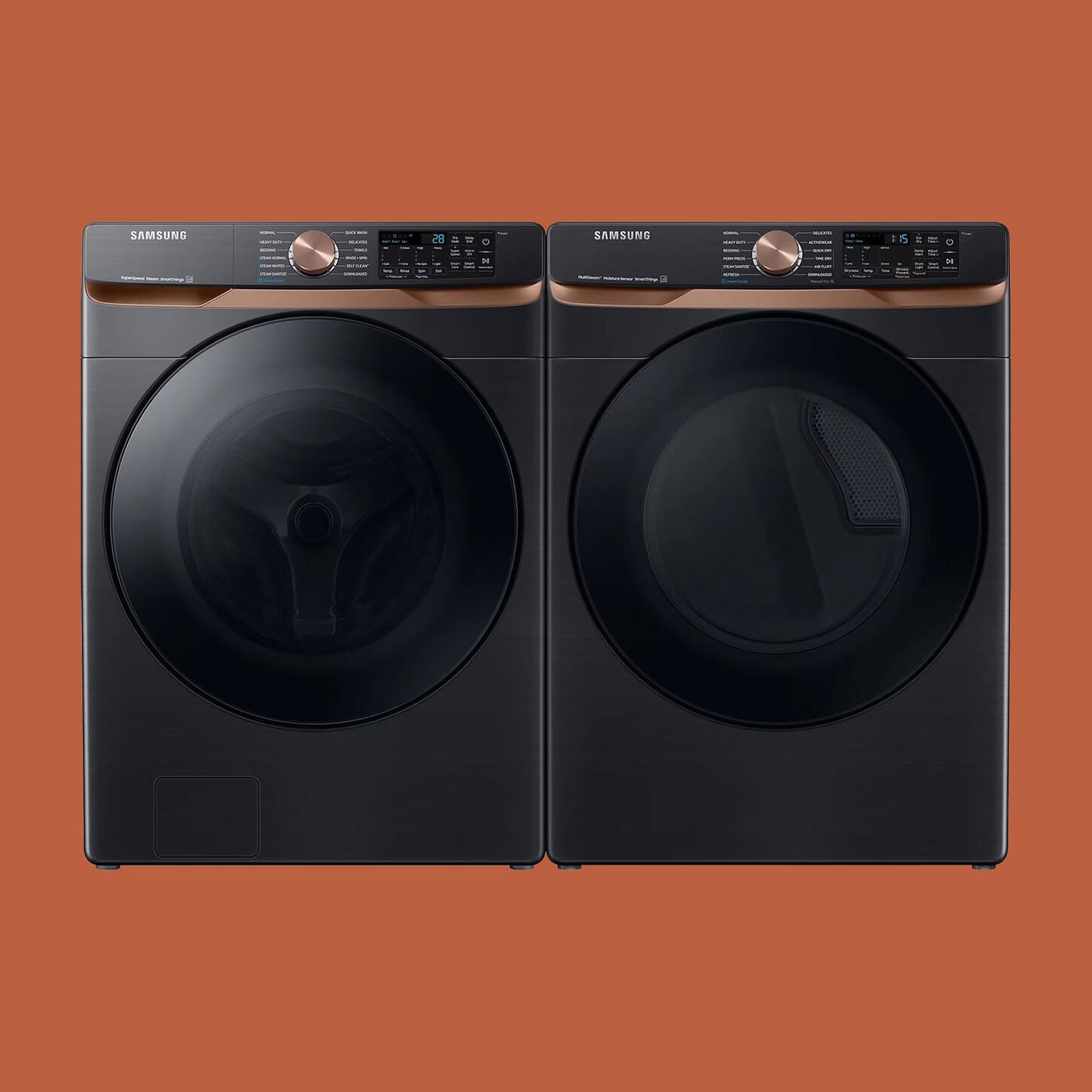 Samsung 5.0 cu. ft. smart front-load washer and 7.5 cu. ft. smart electric dryer in brushed black.