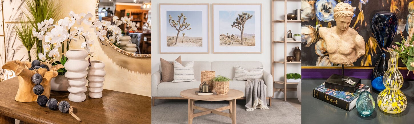 multiple home decor accessories with candles and plants