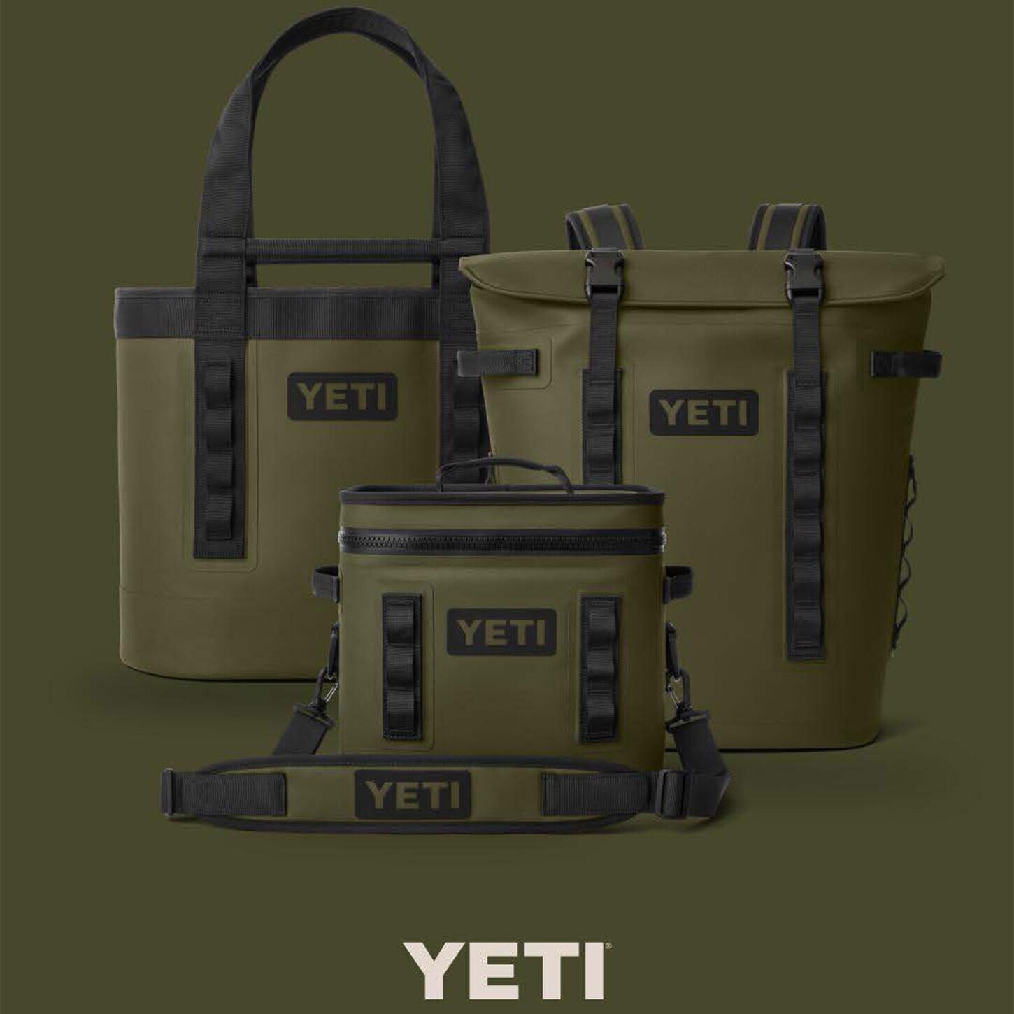 Three olive colored totes from yeti 