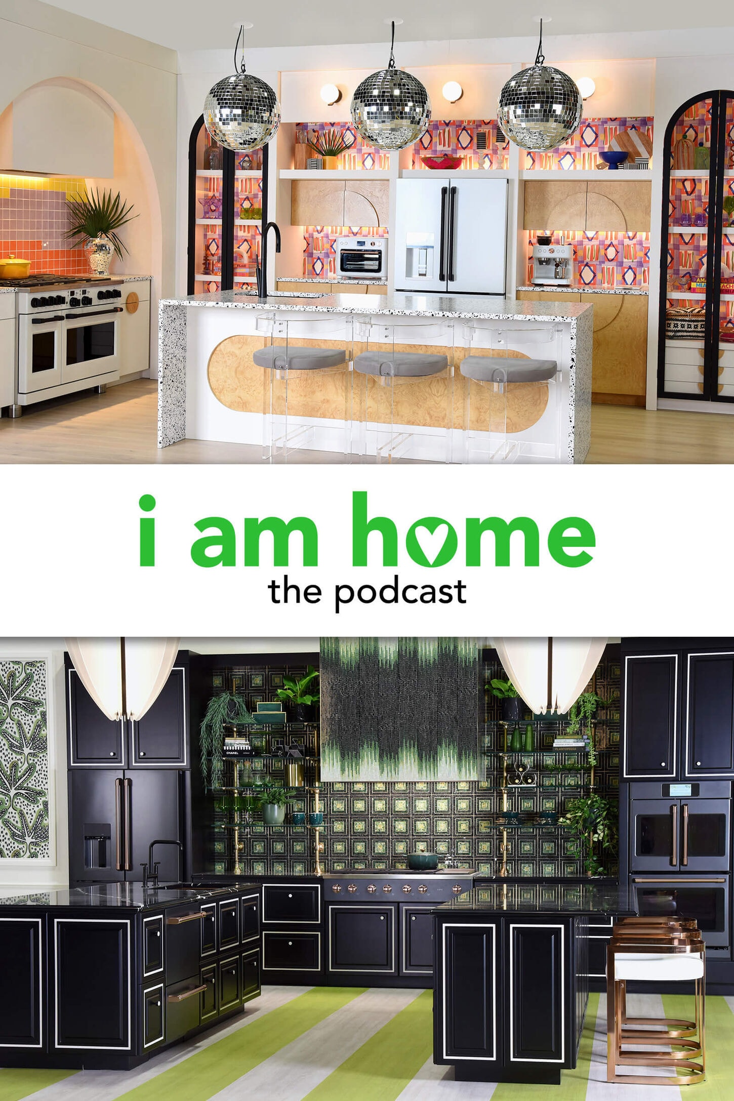I Am Home Podcast featuring two kitchen styles one with disco lights and the other darker