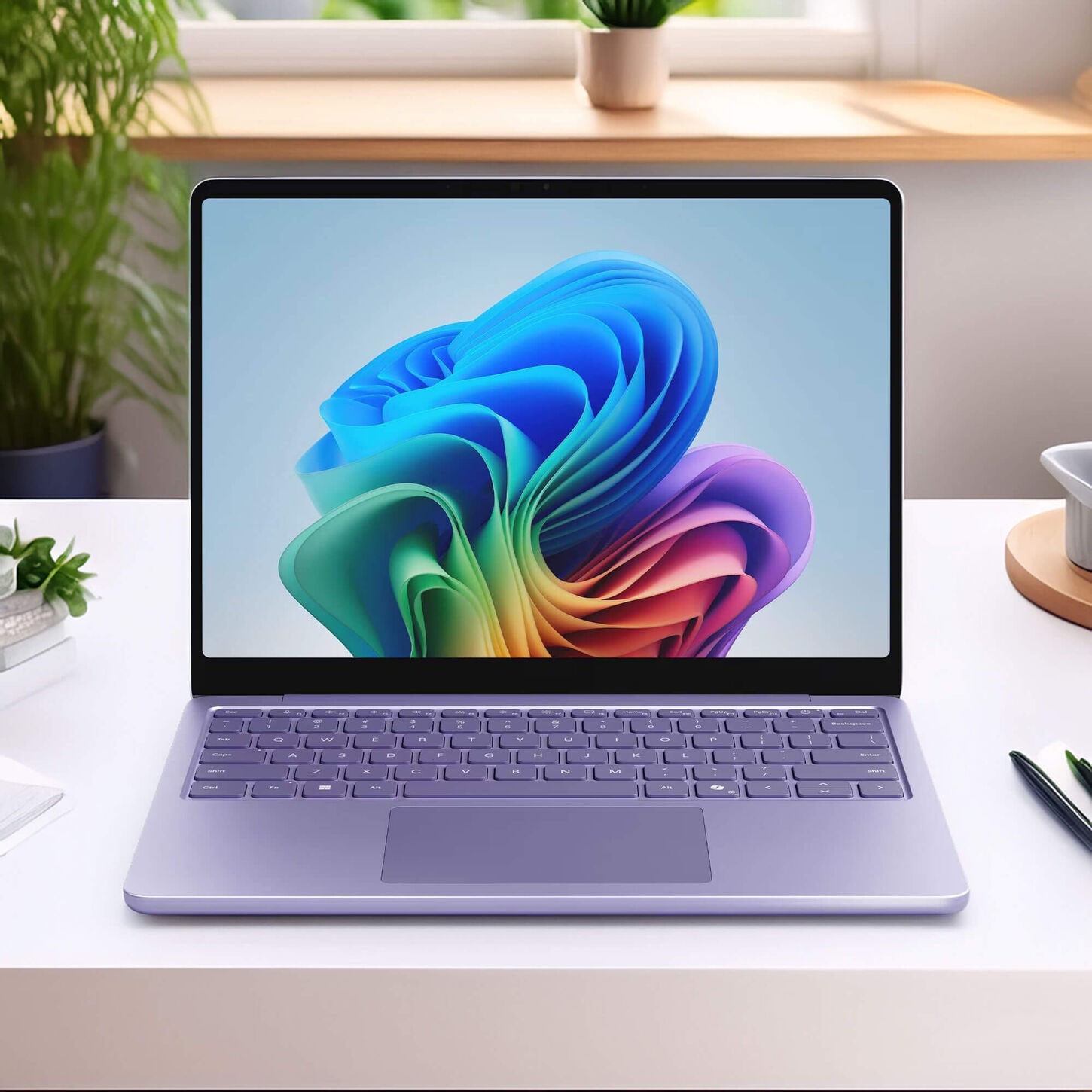 HP laptop sitting on a white desk