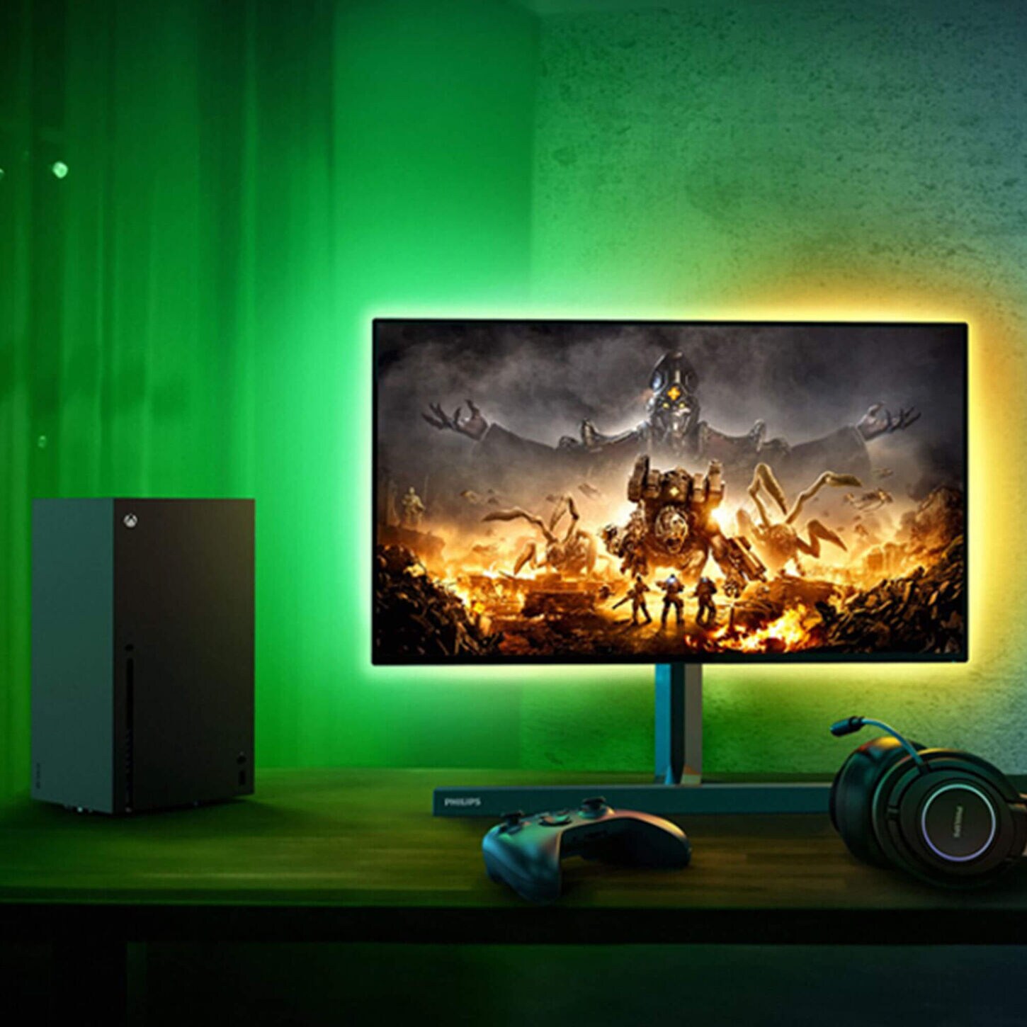 PC Computer with monitor, headphones and gaming gear