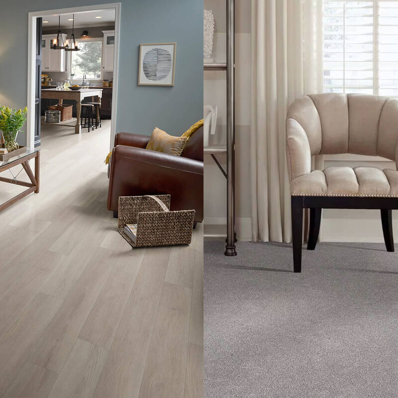 two images sisde by side left image is a living room with a brown chair on a wood grain vinyl plank floor right image is a room with tan chair silver shelf on a light grey carpet