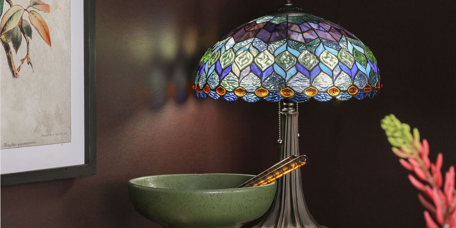 Tiffany lamp on credenza near dining room
