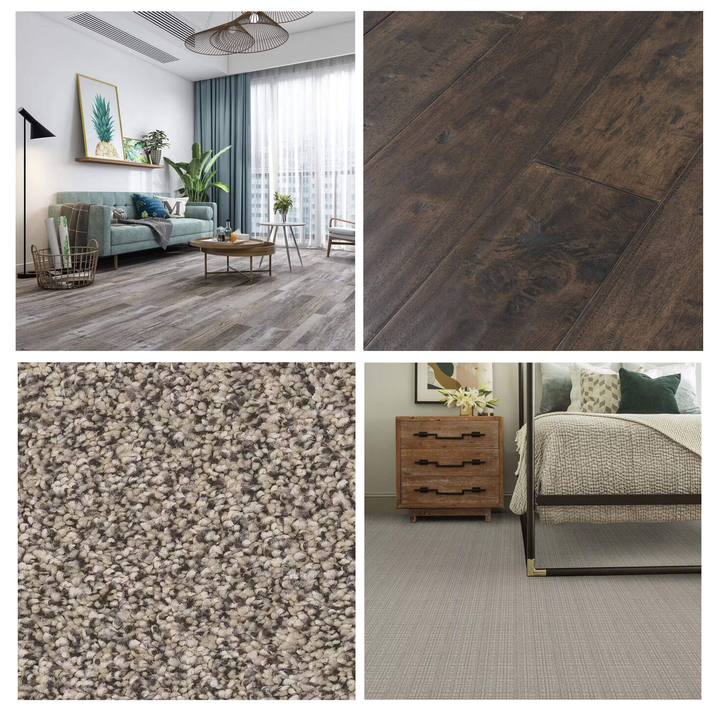 four images in the shape of a square with the top left being a living room setting with hard surface wood style flooring the bottom right image is a bedroom with bed and a night stand on a tan carpet the top right is a swatch of a wood grain style hard surface floor and the bottom left is a tan and black speckled carpet swatch