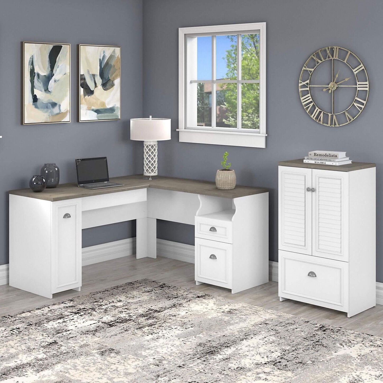 Bush Furniture Fairview 3-Piece Office Desk and File Cabinet Set in Shiplap Gray and Pure White
