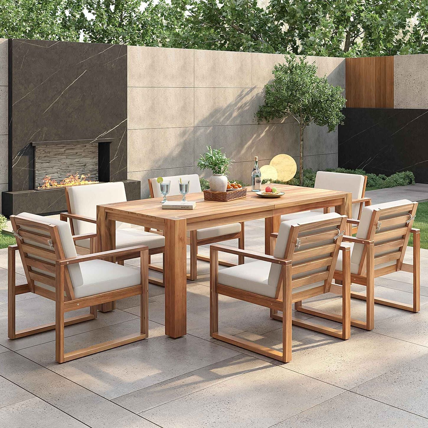 HOMLUX 7-Piece Patio Dining Set with 69" Rectangular Light Teak Table and Umbrella Hole in Beige