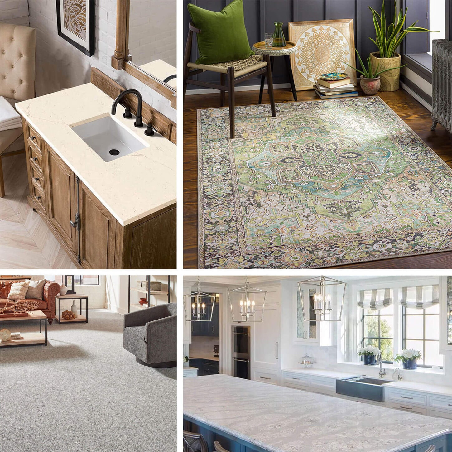 four images of lifestyle settings in a home, one is a bathroom vanity, a living room with an area rug, a kitchen island countertop, and a carpeted living room
