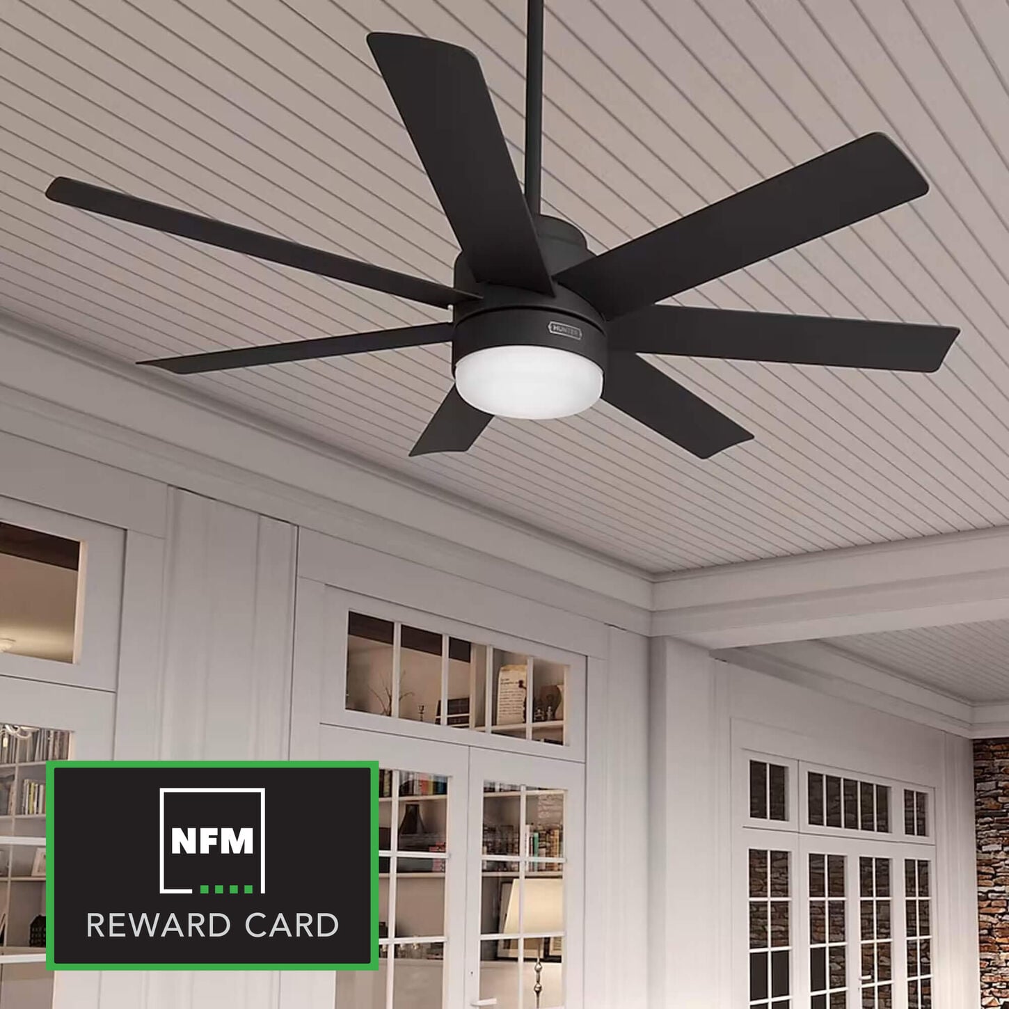 Hunter Brazos 52" Integrated LED Indoor/Outdoor Ceiling Fan with Light and Remote in Matte Black and reward card logo