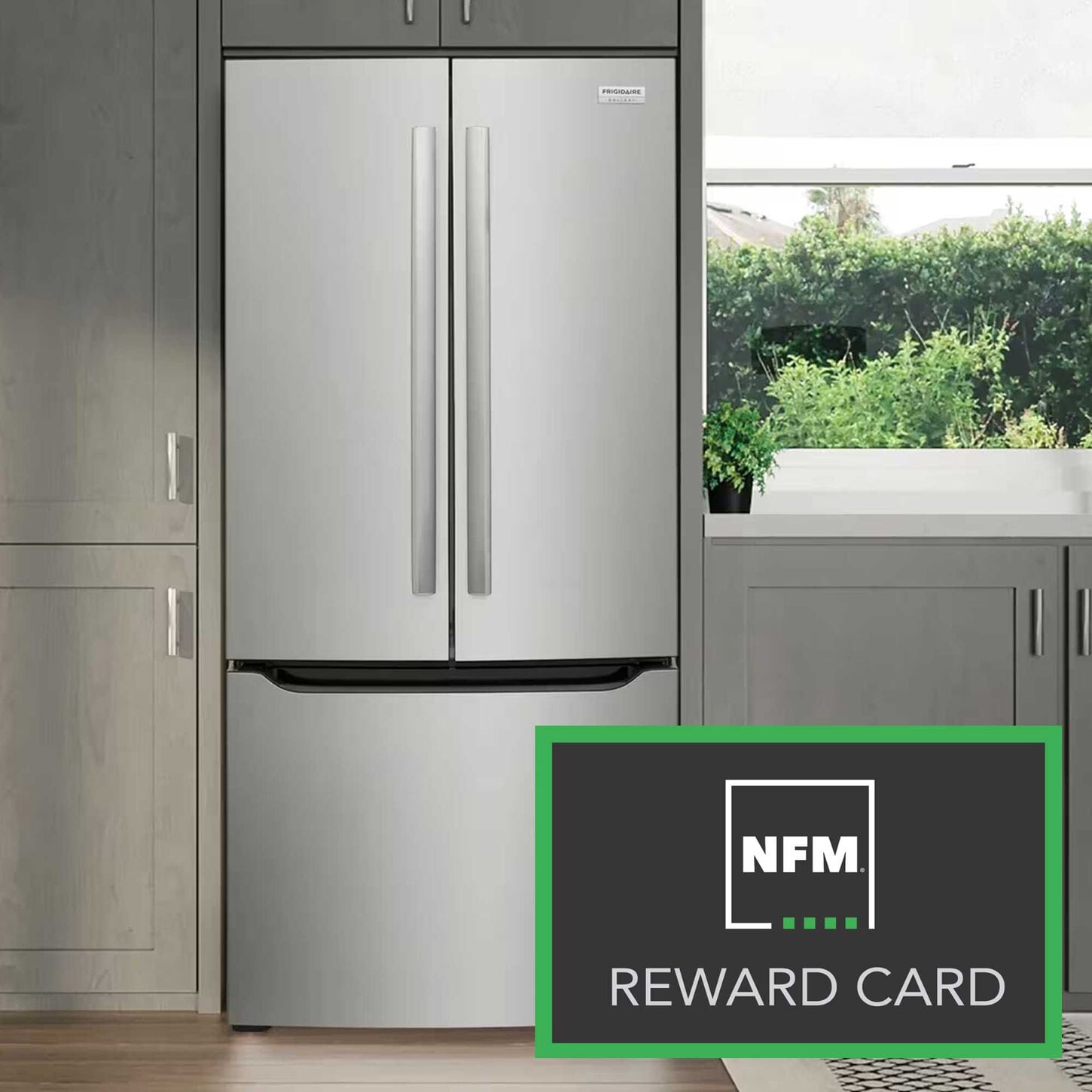 Frigidaire stainless steel refrigerator in kitchen with Reward Card