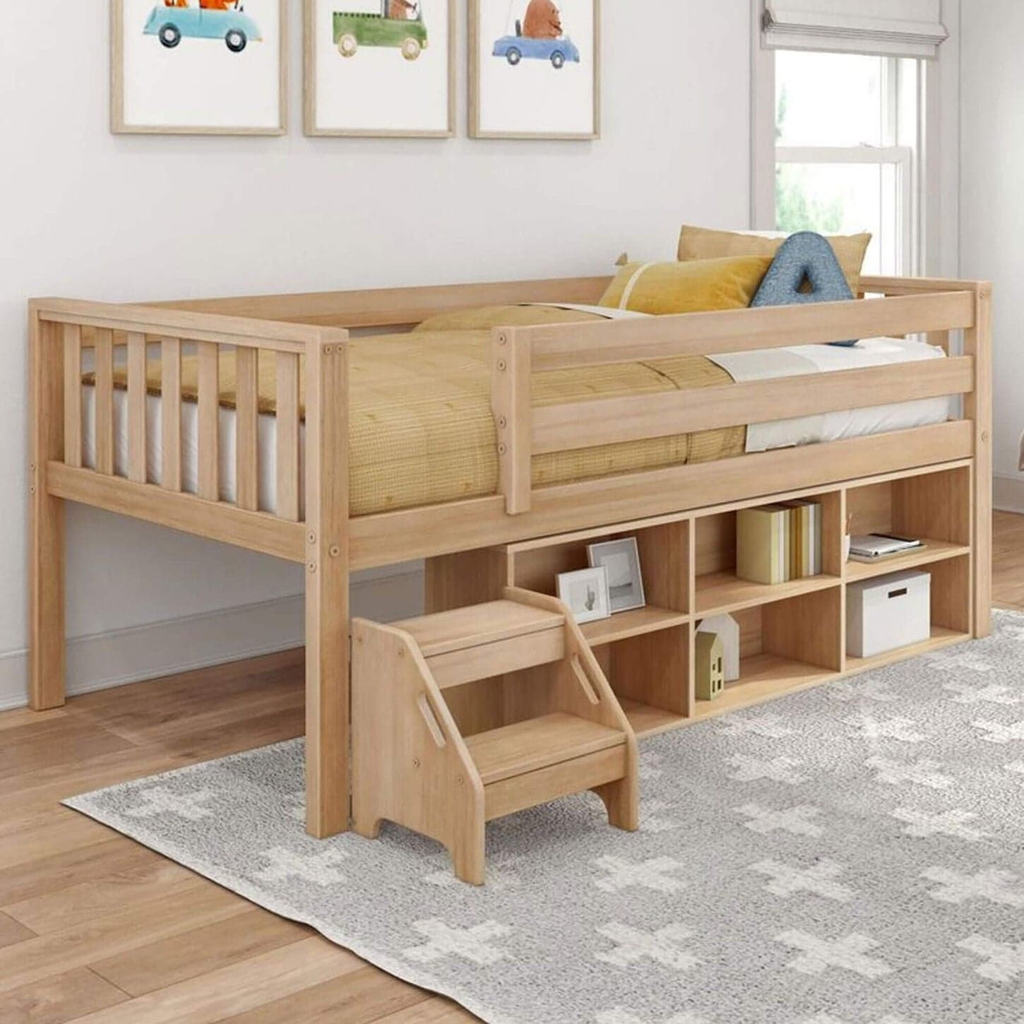 Birch Hollow Scandinavian Twin Low Loft Bed with Bookcase and Stepstool in Blonde