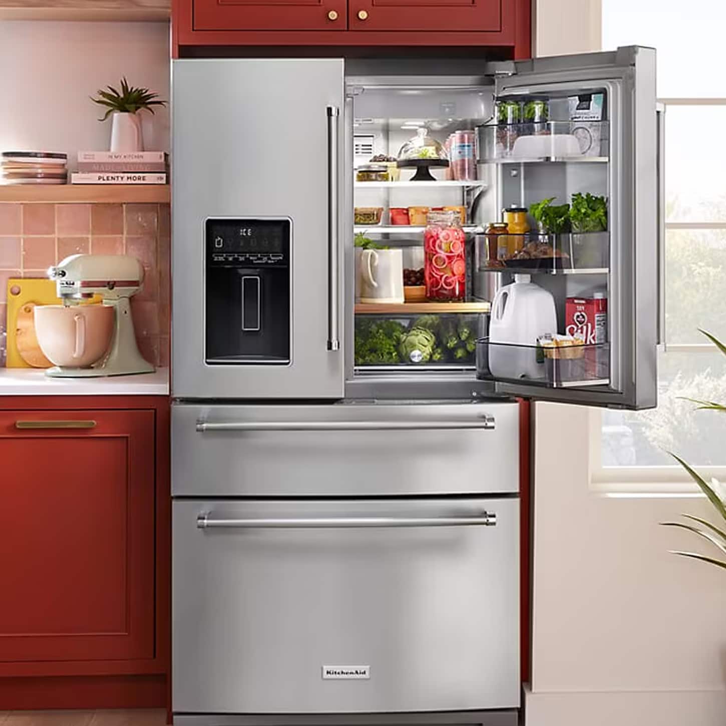 Yellow leather curved sofa in a bright living room space
