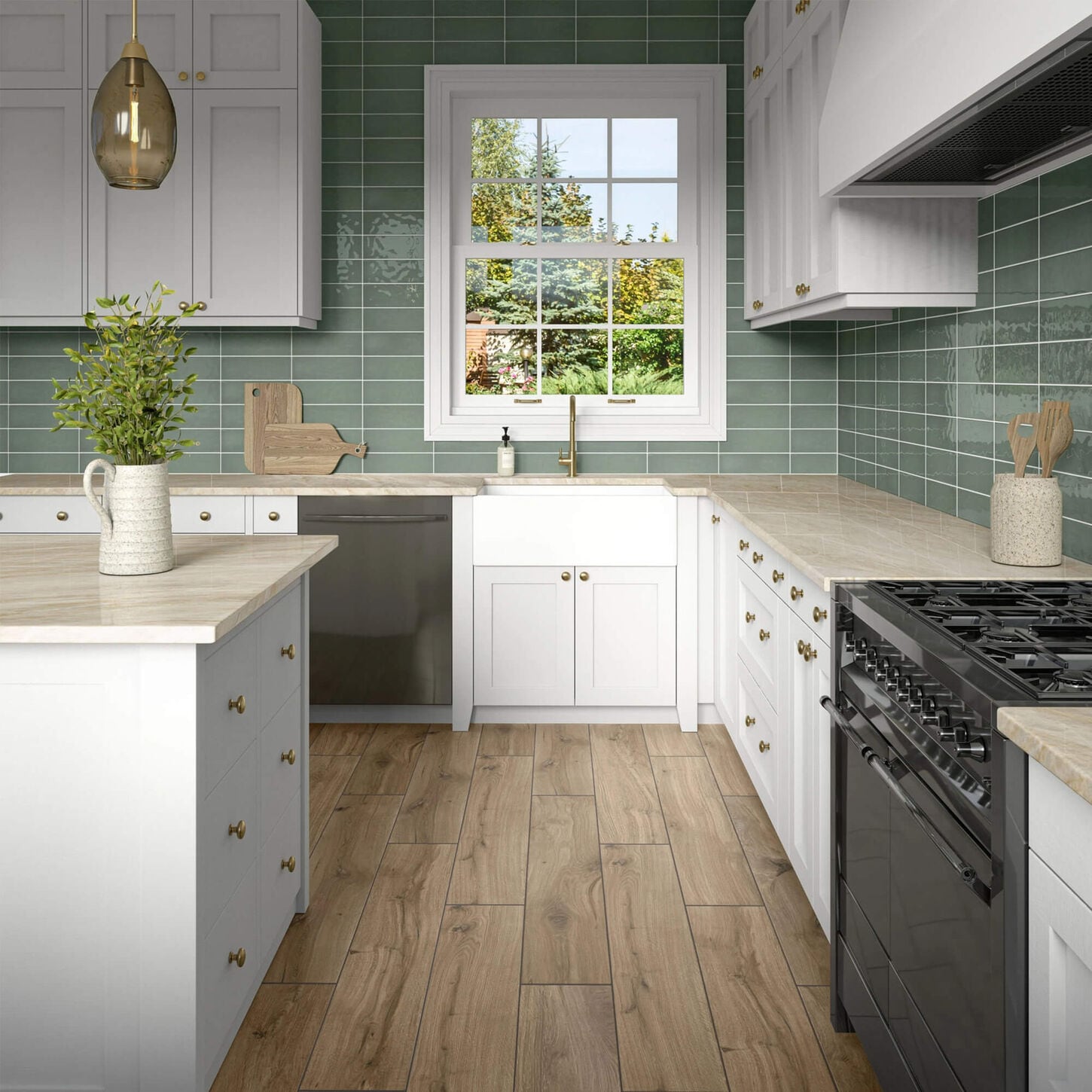 kitchen with white cabinets and white marbled countertops and a light brock wood look tile floor