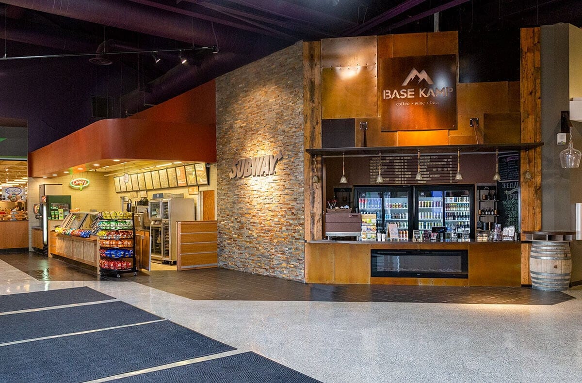 Subway sandwiches and Base Kamp coffee, beer and wine store in Electronics building at Omaha Nebraska Furniture Mart store