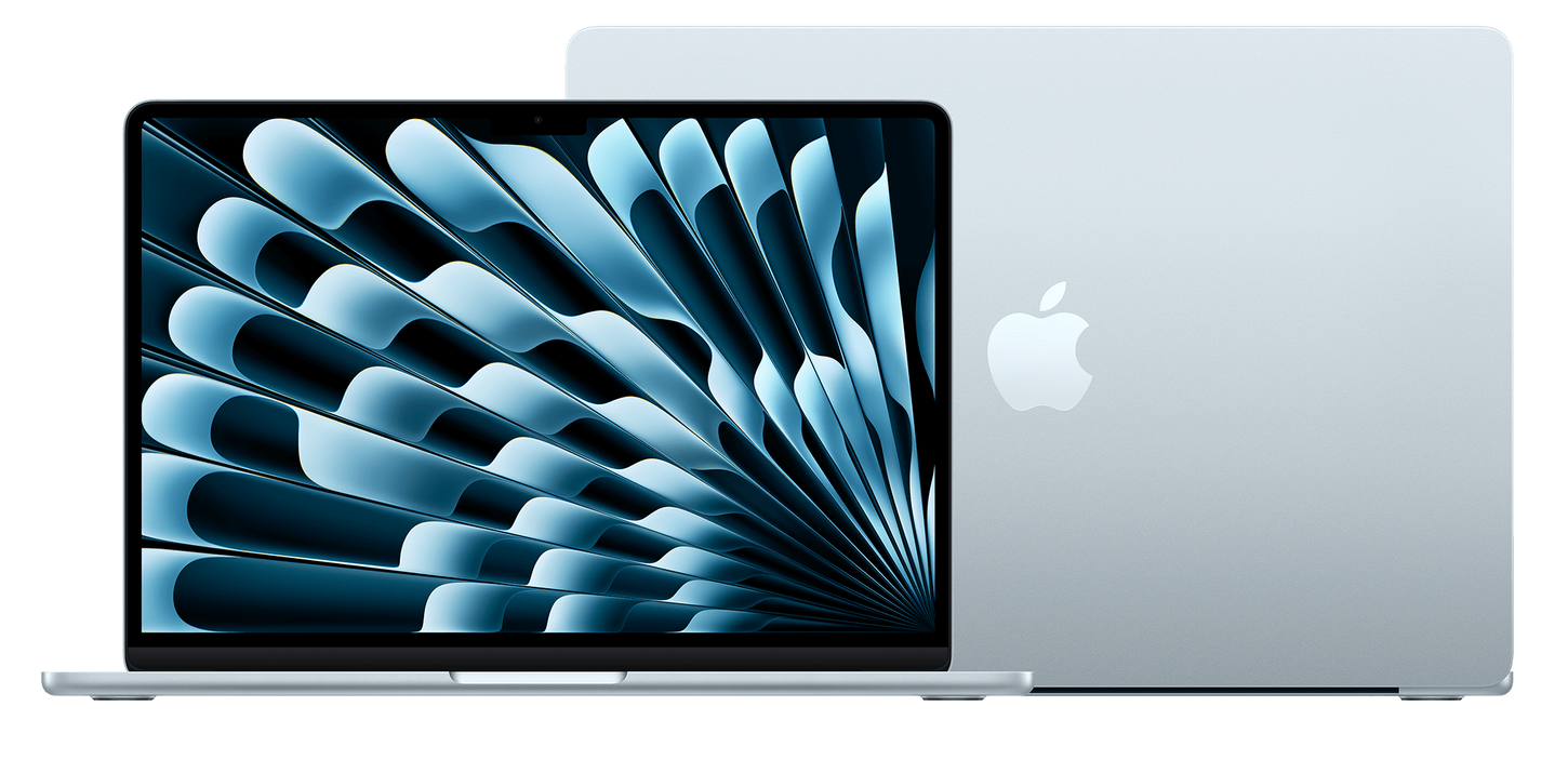 Two Apple MacBook Pros open facing opposite directions