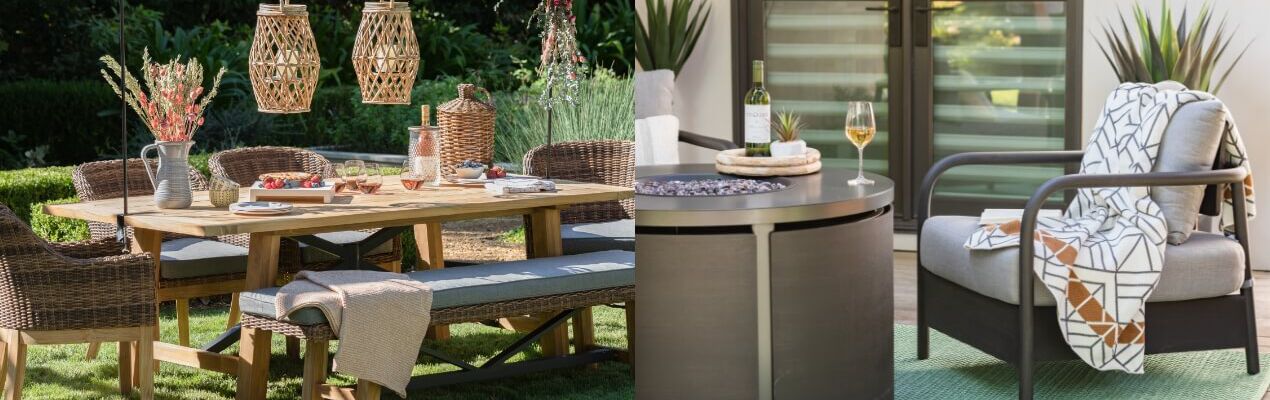Wicker patio furniture set in backyard with hanging lanterns and second view of back patio with metal firepit furniture set.